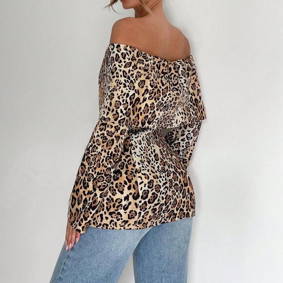 Brown Casual Women's One-Shoulder Leopard Print Long-Sleeved Jacket - Picture 3 of 5